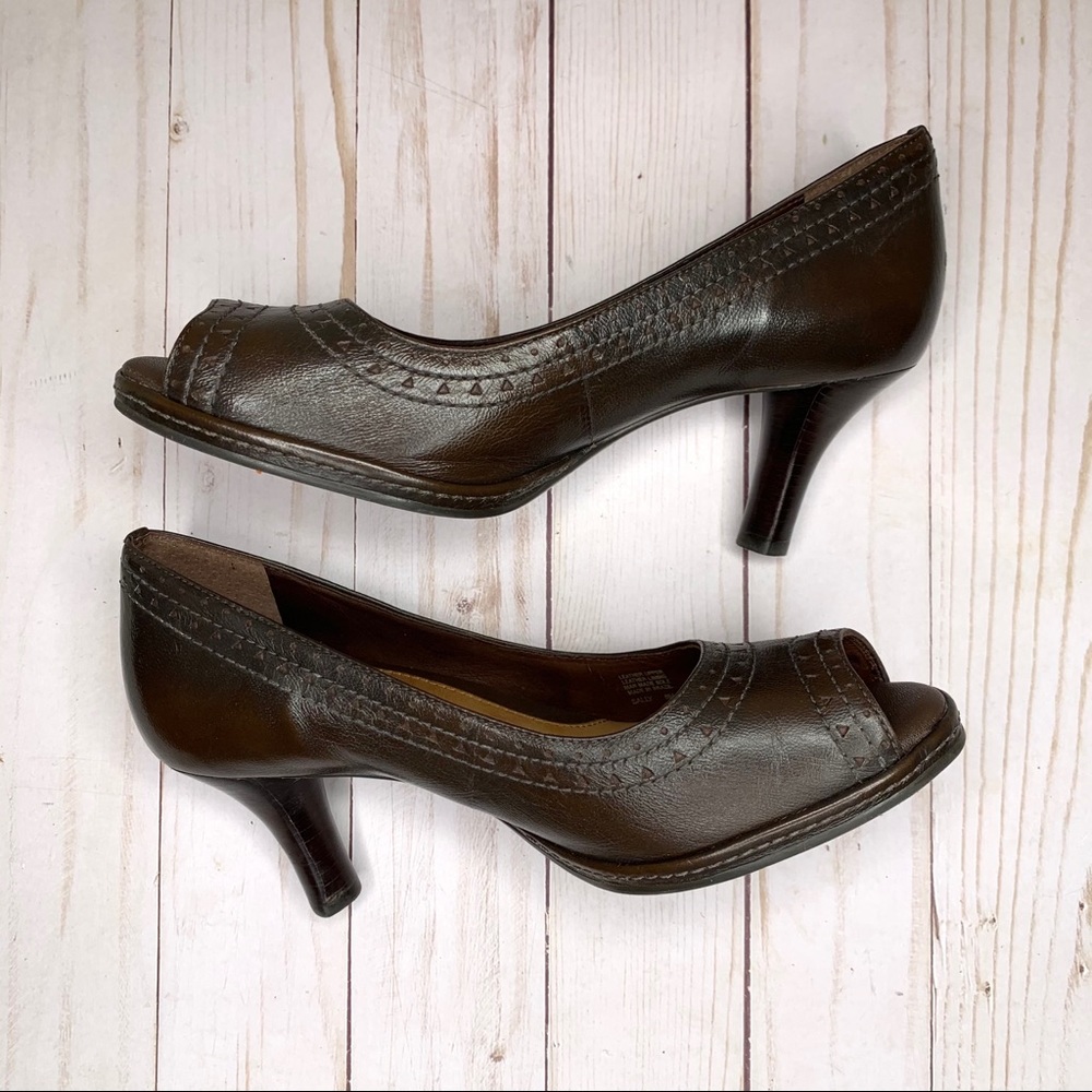 Nurture Brown Peep Toe Leather Heels ‘Sally’ Pump Stitched Detail Open Toe Sz 6 - Picture 3 of 8
